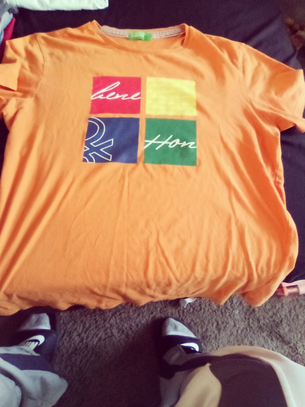 United Colors Of Benetton Orange Graphic Tee with Multicolor Squares